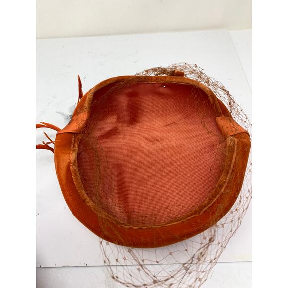 Vintage Orange Velvet Cocktail Hat Feather Trim Veil 1950s 1960s Fascinator - Picture 7 of 8